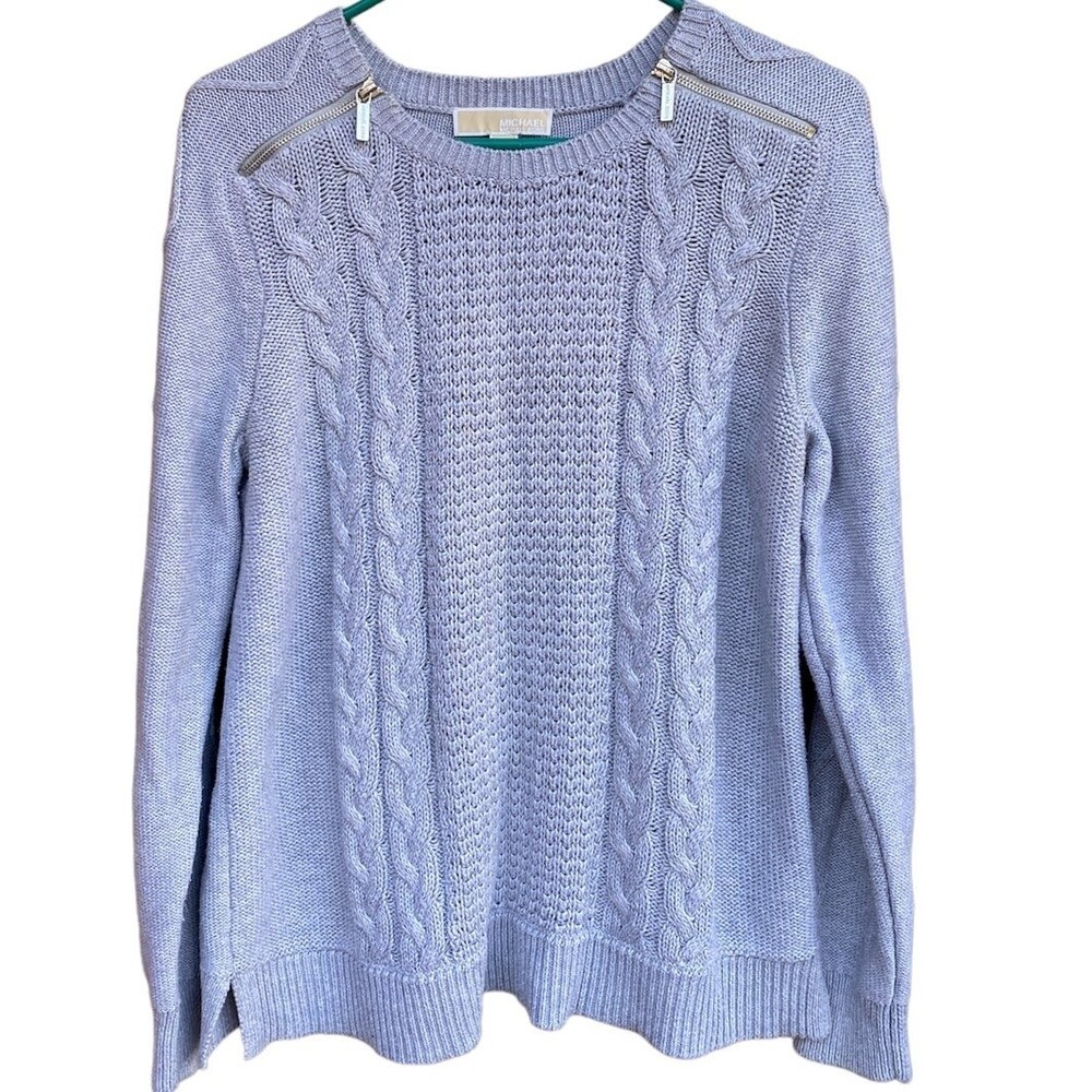 Michael Kors Gray Cable Knit Sweater L Zipper Shoulder Cotton Blend Preppy Ski